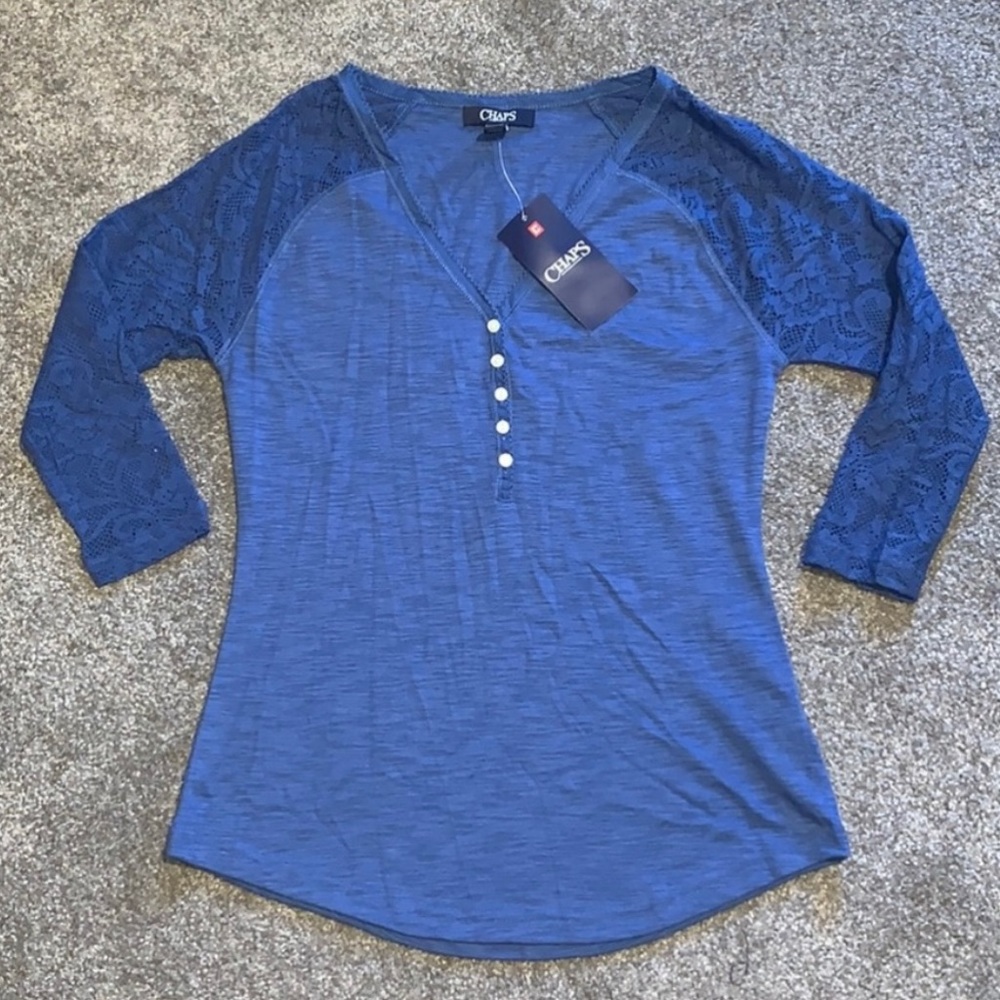 CHAPS Blue Button-Front Henley Lacy 3/4 Length Sleeve Women’s Petite Small NWT!